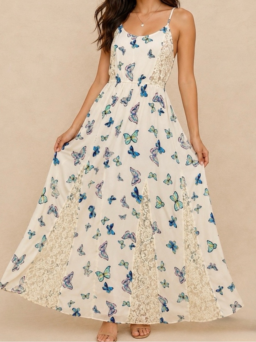 Candie's Cream Lace Maxi Dress with Blue-Green Accent